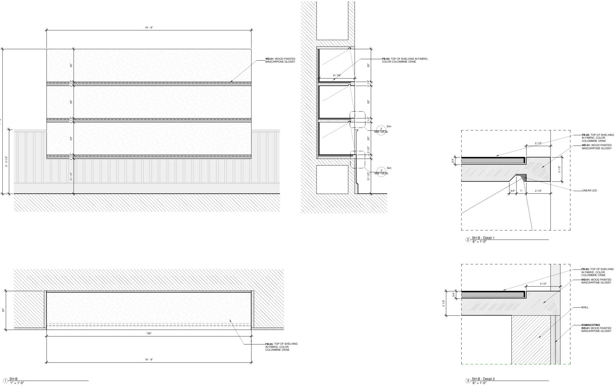 FOH shelving unit: elevation and connection details, fabric-
